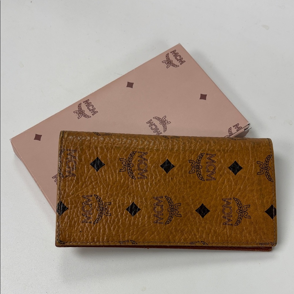 MCM Cognac Leather Wallet with Logo Pattern